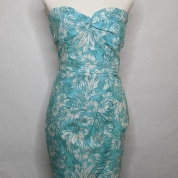 SUITE BLANCO DRESS HAWAIIAN STRAPLESS FITS SMALL TEAL BLUE TROPICAL VACAY DENIM - Picture 2 of 10